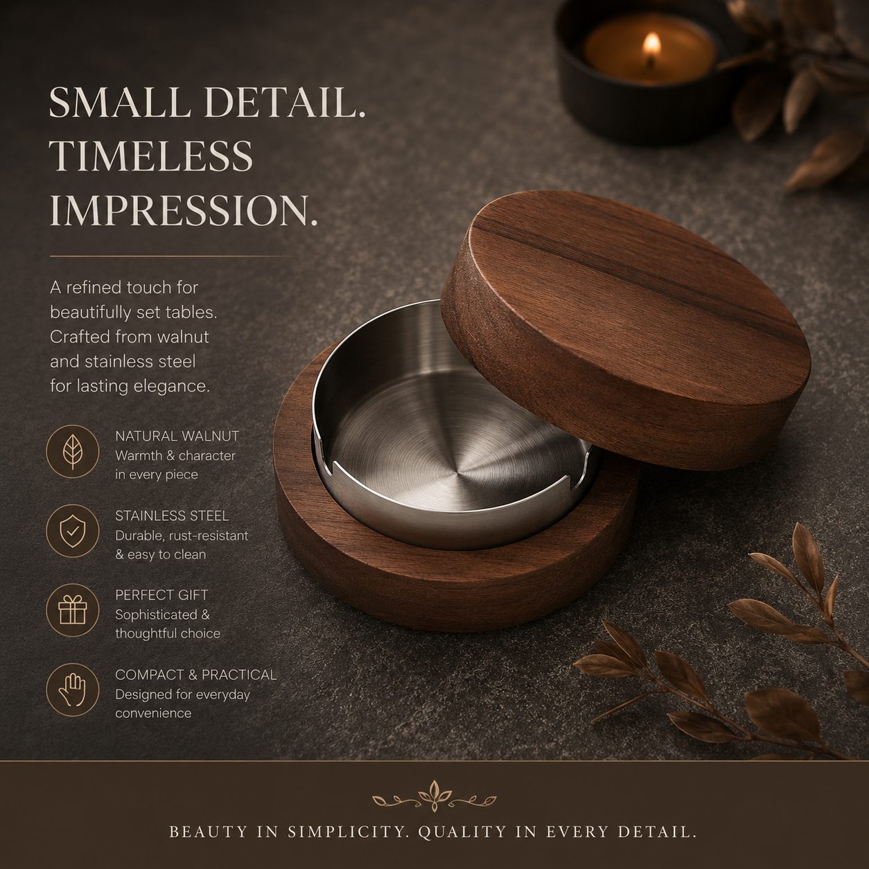 New Creative Ashtrays with Lid Walnut Wood Desktop Ashtray Stainless Steel Windproof Ash Tray for Smoking Office Home Decoration