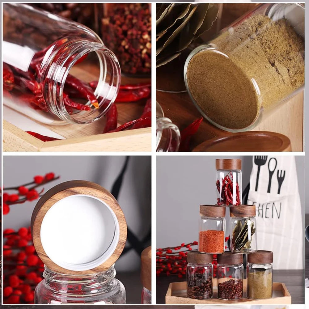 Glass Food Storage Jars with Screw Airtight Seal Acacia Wood Lids,Spice Jars with Lids, Organization for Jars Bottles Containers