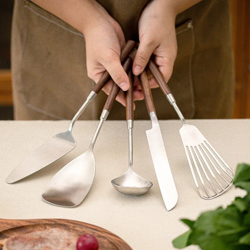 5Pcs Stainless Steel Cooking Spoon Frying Spatula Walnut Cake Shovel Cake Spatula Knife Cooking Utensils Soup Ladlepcs